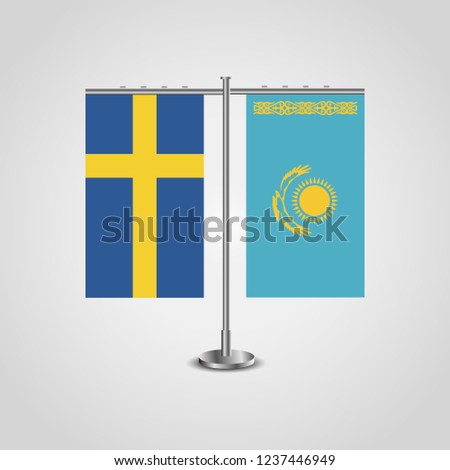 Table stand with flags of Sweden and Kazakhstan.Two flag. Flag pole. Symbolizing the cooperation between the two countries. Table flags

