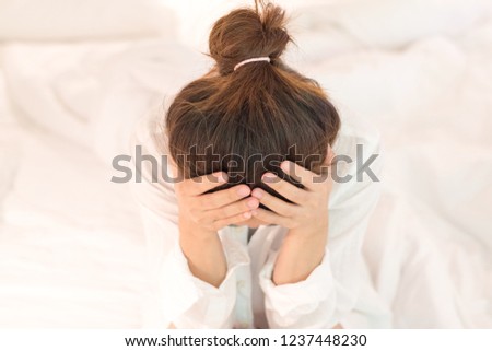 Brain diseases problem cause chronic severe headache migraine. Female adult look tired and stressed out depressed, having mental problem trouble, medical concept Royalty-Free Stock Photo #1237448230