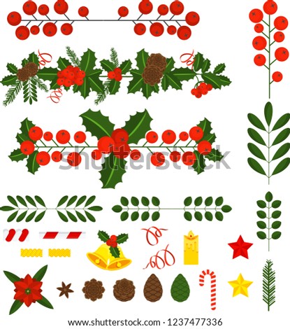 Holly berry, pine branch and cones, snowflakes, serpentine and caramel cane. Decoration for traditional wreath on door to Christmas, New year. For greeting card, vignette, banner, email for holiday.