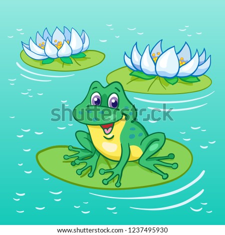 Summer lake. Funny green frog sitting on the big leaf among the lilies. On the blue background.