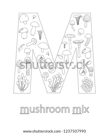 Black and white alphabet letter M. Phonics flashcard. Cute letter M for teaching reading with cartoon style mushrooms. Coloring page for children