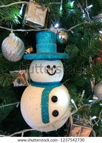 Seasonality of Greeting snow doll blue hat and gift box on Christmas tree happy festival