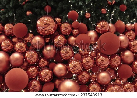 Ball decoration on a pine tree for Christmas and New Year holidays. 