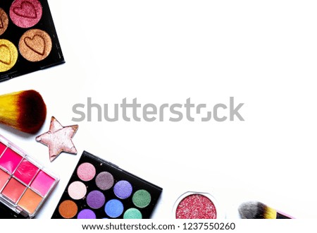 The collection of cosmetics on white background.eye shadow,make up brush,lipstick.