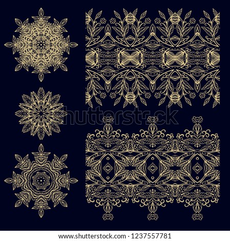 Set of decorative elements - ornamental rosettes, mandala, ornamental vector border ribbons, oriental style