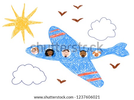 Children drawing. Plane in the sky. Royalty-Free Stock Photo #1237606021