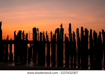 Silhouette of an old, destroyed, wooden pier in the Baltic sea during sunset in Latvia