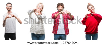 Collage of group of young people over white isolated background smiling in love showing heart symbol and shape with hands. Romantic concept.