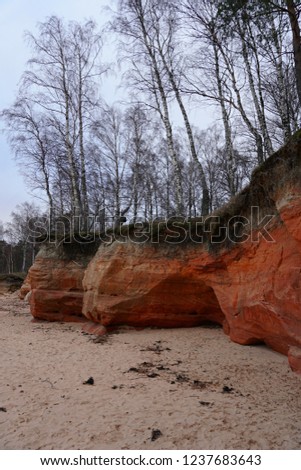 Veczemju klintis, Veczemju cliffs on Baltic sea near Tuja. Beautiful sea shore with limestone and sand caves. 