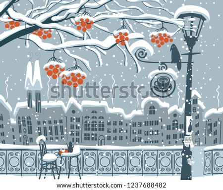 Vector winter cartoon illustration. Cityscape with snow-covered branches of rowan tree and open-air cafe with lamppost and crow on the background of old european town