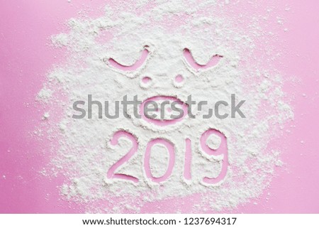 Pig and 2019 year. Cute pig face drawn on flour or snow and 2019 on pink background. Happy new year. Chinese new year symbol. Creative pink piggy photo,  flat lay