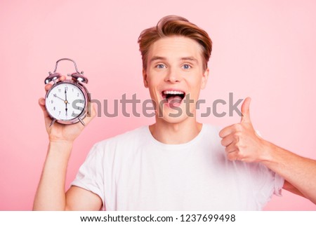 6 am pm work worker job high school people person joy fun concept. Close up photo portrait of funny funky handsome rejoicing delightful guy make give finger up isolated pastel background