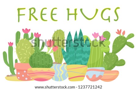 Set of Cactus with free hugs lettering vector illustration.