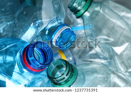 Many plastic bottles as background, closeup. Recycle concept