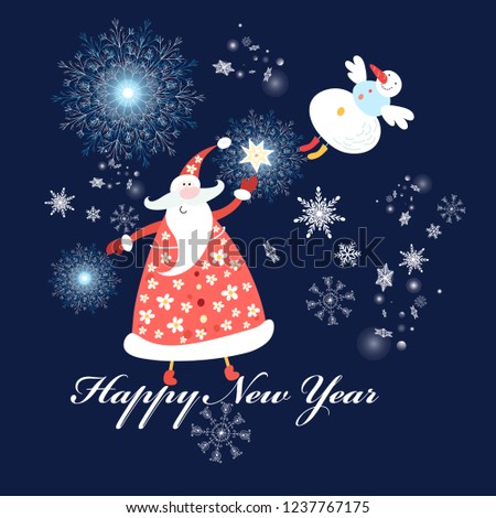 Bright festive merry Christmas greeting card with Santa Claus on a blue background with snowflakes