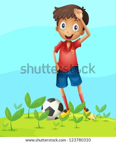 Illustration of a boy playing football in a beautiful nature