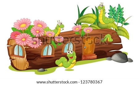 Illustration of caterpillars and a wood house on a white background