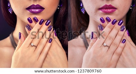 Before and after retouching in editor. Side by side beauty portraits of woman with makeup and manicure edited
