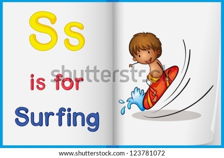 Illustration of surfing in a book on a white background