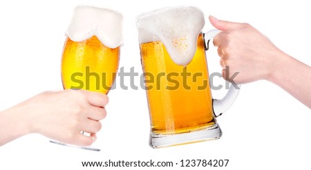beer with hand making toast isolated on a white background