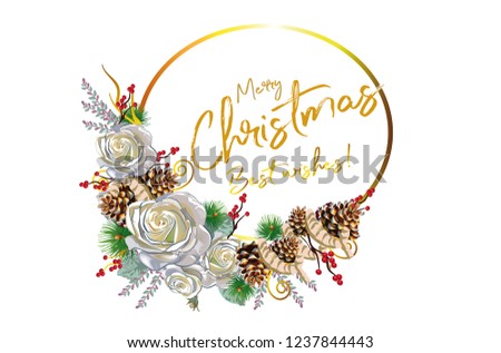 Christmas garland with decorations from Christmas tree branches, lanterns, candles, red and white ribbons, flowers. Christmas decoration card. 
