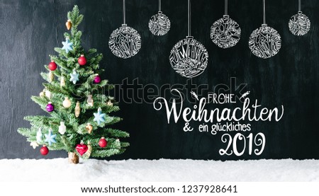 Colourful Decorated Tree, Ball, Glueckliches 2019 Means Happy 2019, Snow