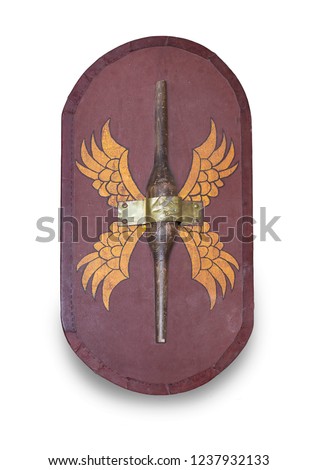 A re-enactment scutum, Ancient Roman army shield. Isolated over white background