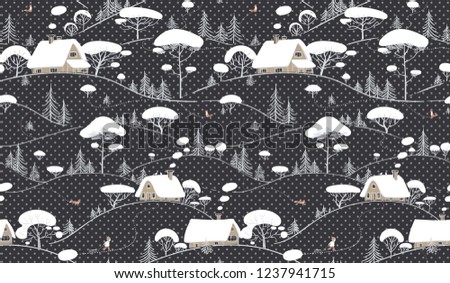 Seamless Winter Landscape Background. Ornamental hand drawn pattern for wallpaper, pattern fills, printing on fabric, digital paper. Vector illustration.