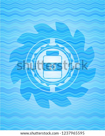 medicine bottle icon inside sky blue water wave emblem.