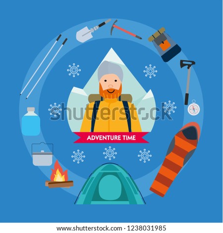 Mountaineering cartoon set with climbers gear equipment. Active sport concept. vector cartoon flat illustration