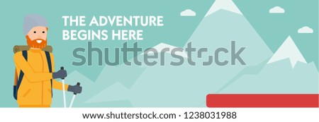 Climber on a mountain trail. The adventure begins here. Banner. Active sport concept. vector cartoon flat illustration
