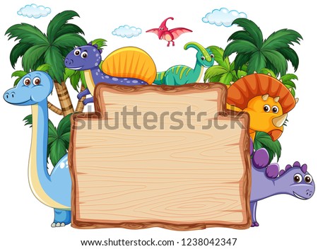 Many dinosaur on wooden banner illustration