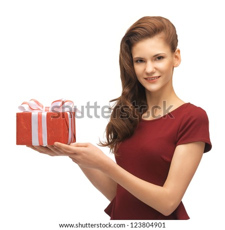 picture of teenage girl in red dress with gift box