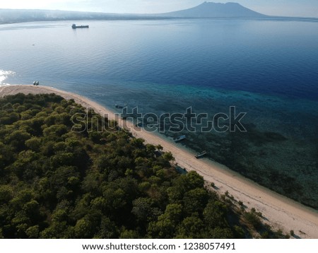Aerial view of Tabuhan island with panoramic view of mountain and the beach in Tabuhan Island, East Java Indonesia