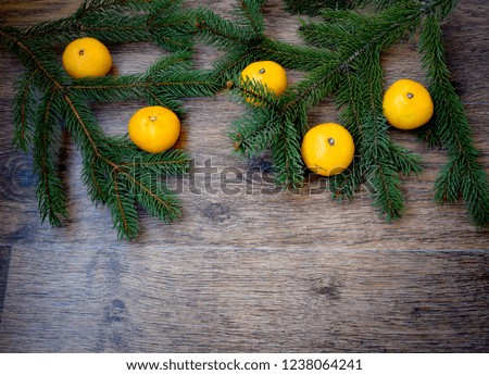 Spruce branches, tangerines and cones