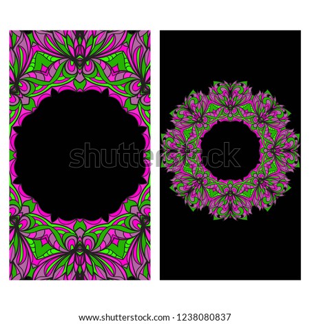 Ethnic Mandala ornament. Templates with floral frame. Vector illustration for congratulation or invitation. The front and rear side.