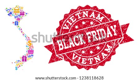 Black Friday collage of mosaic map of Vietnam and unclean seal. Vector red seal with corroded rubber texture with Black Friday slogan. Flat design for shopping purposes.