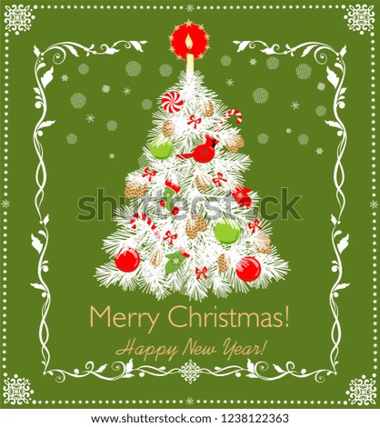 Paper cutting Christmas white tree with red green toys and golden candle, paper handmade snowflakes and decorative floral border. Greeting card for winter holiday