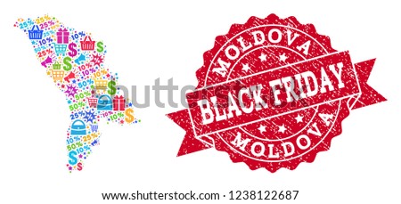 Black Friday combination of mosaic map of Moldova and grunge stamp seal. Vector red seal with grunge rubber texture with Black Friday text. Flat design for trade posters.