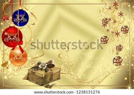 Christmas golden background with new-year toys.