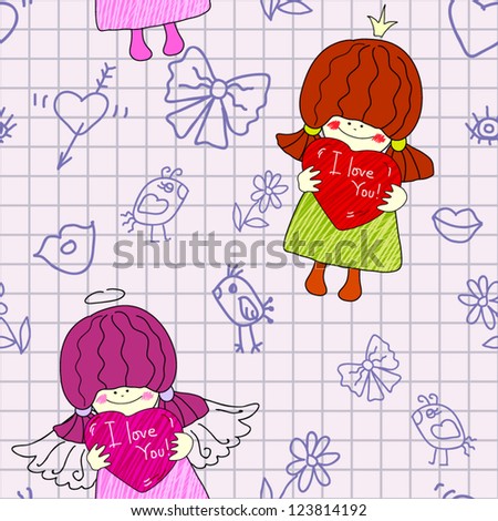 Seamless pattern with a little girl angel and birds