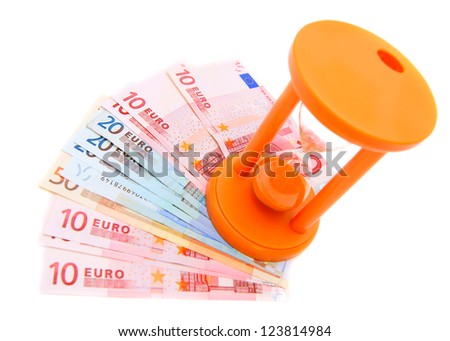 Sand-glass and banknote euro. On a white background.