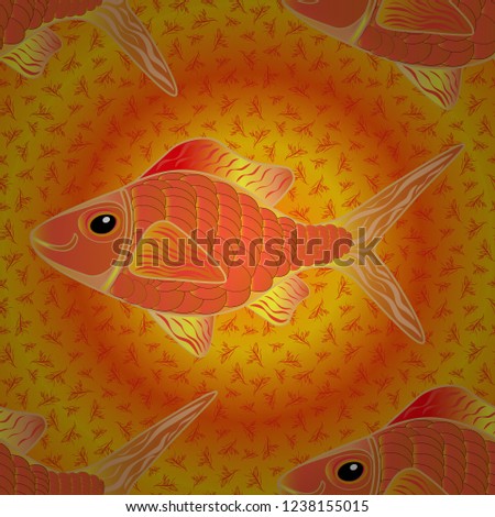 Vector illustration. Seamless cute pattern with tropical fish in yellow, magenta and orange colors.