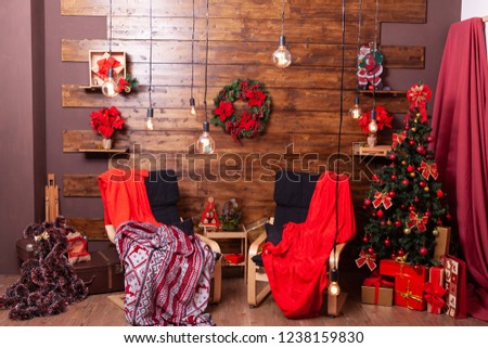Beautiful red Christmas inteior and cozy place. Christmas celebration