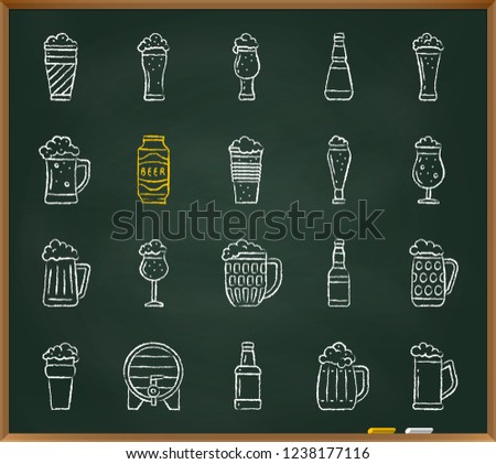 Beer Mug chalk icons set. Outline web sign kit of tall glass. Pub linear icon collection includes ale pint, drink can, foam bubbles. Hand drawn simple bar ware symbol on chalkboard vector Illustration