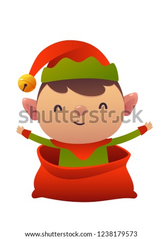 Happy new year cartoon card christmas elf in Santa Claus bag isolated