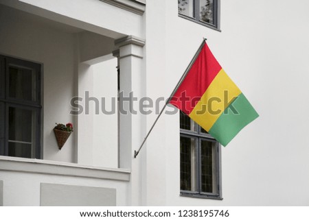 Guinea flag hanging on a pole in front of the house. National flag waving on a home displaying on a pole on a front door of a building and raised at a full staff.
