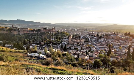 The Alhambra in Autumn seen from the road of Sacromonte,  Andalusia, spain, photography of forests and parks in Autumn, tourism, tourist, advertising, travel, traveler, holidays, party, meet, 