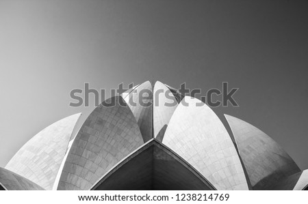 Abstract Minimal Architecture of the Bahai House of Worship or the Lotus Temple, India with view of the top lotus petals made of white tiles