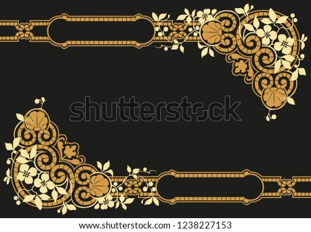 Vintage gold frame, decorative floral pattern on black background
